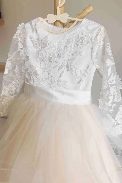 Wedding Flower Girl Dress A Line Crew Neck Long Sleeves with Appliques Layering Ruched Elegant Girl Communion Formal Dress Princess Dress