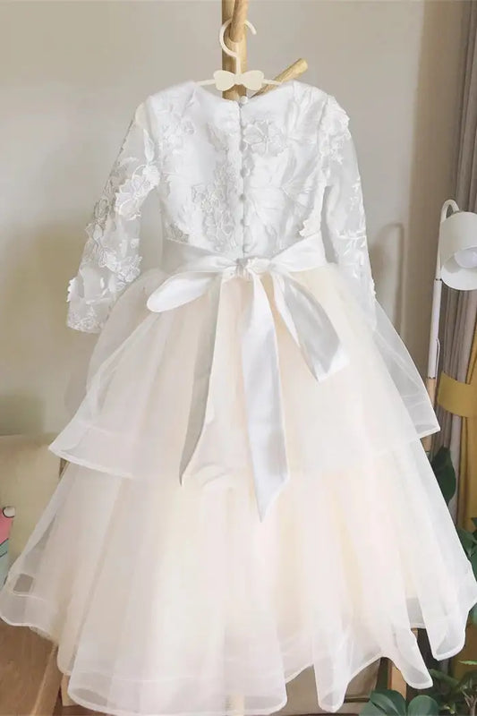 Wedding Flower Girl Dress A Line Crew Neck Long Sleeves with Appliques Layering Ruched Elegant Girl Communion Formal Dress Princess Dress
