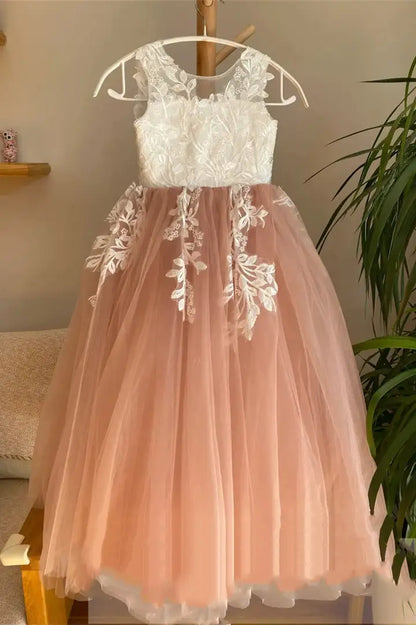 Wedding Flower Girl Dress A Line Crew Neck Sleeveless V-Back Floor Length with Lace Appliques Exquisite Elegant Girl Communion Formal Dress Princess Dress