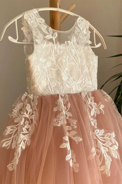 Wedding Flower Girl Dress A Line Crew Neck Sleeveless V-Back Floor Length with Lace Appliques Exquisite Elegant Girl Communion Formal Dress Princess Dress