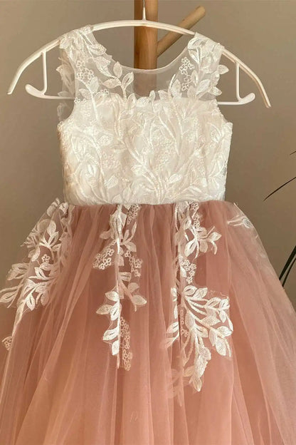 Wedding Flower Girl Dress A Line Crew Neck Sleeveless V-Back Floor Length with Lace Appliques Exquisite Elegant Girl Communion Formal Dress Princess Dress
