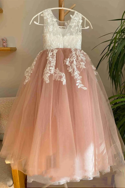 Wedding Flower Girl Dress A Line Crew Neck Sleeveless V-Back Floor Length with Lace Appliques Exquisite Elegant Girl Communion Formal Dress Princess Dress