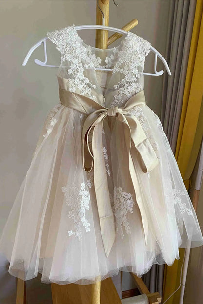 Wedding Flower Girl Dress A Line Crew Neck Sleeveless V-Back Lace Applique Tulle with Sash Elegant Girl Communion Formal Dress Princess Dress