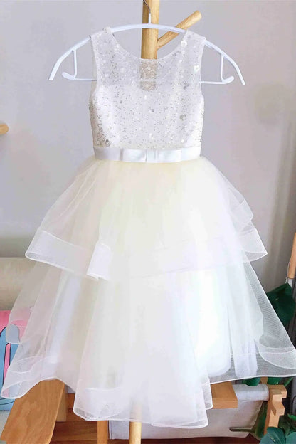 Wedding Flower Girl Dress A Line Crew Neck Sleeveless V-Back Sequin Tulle Layering Ruched Sparkle Girl Communion Formal Dress Princess Dress