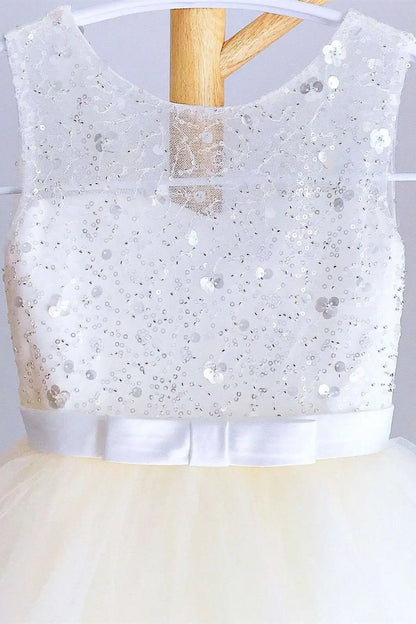 Wedding Flower Girl Dress A Line Crew Neck Sleeveless V-Back Sequin Tulle Layering Ruched Sparkle Girl Communion Formal Dress Princess Dress