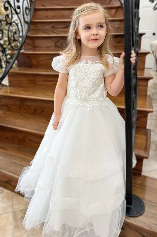 Wedding Flower Girl Dress A Line Lace-Up with Balloon Sleeves Lace Applique Fashion Long Girl Communion Formal Dress Princess Dress