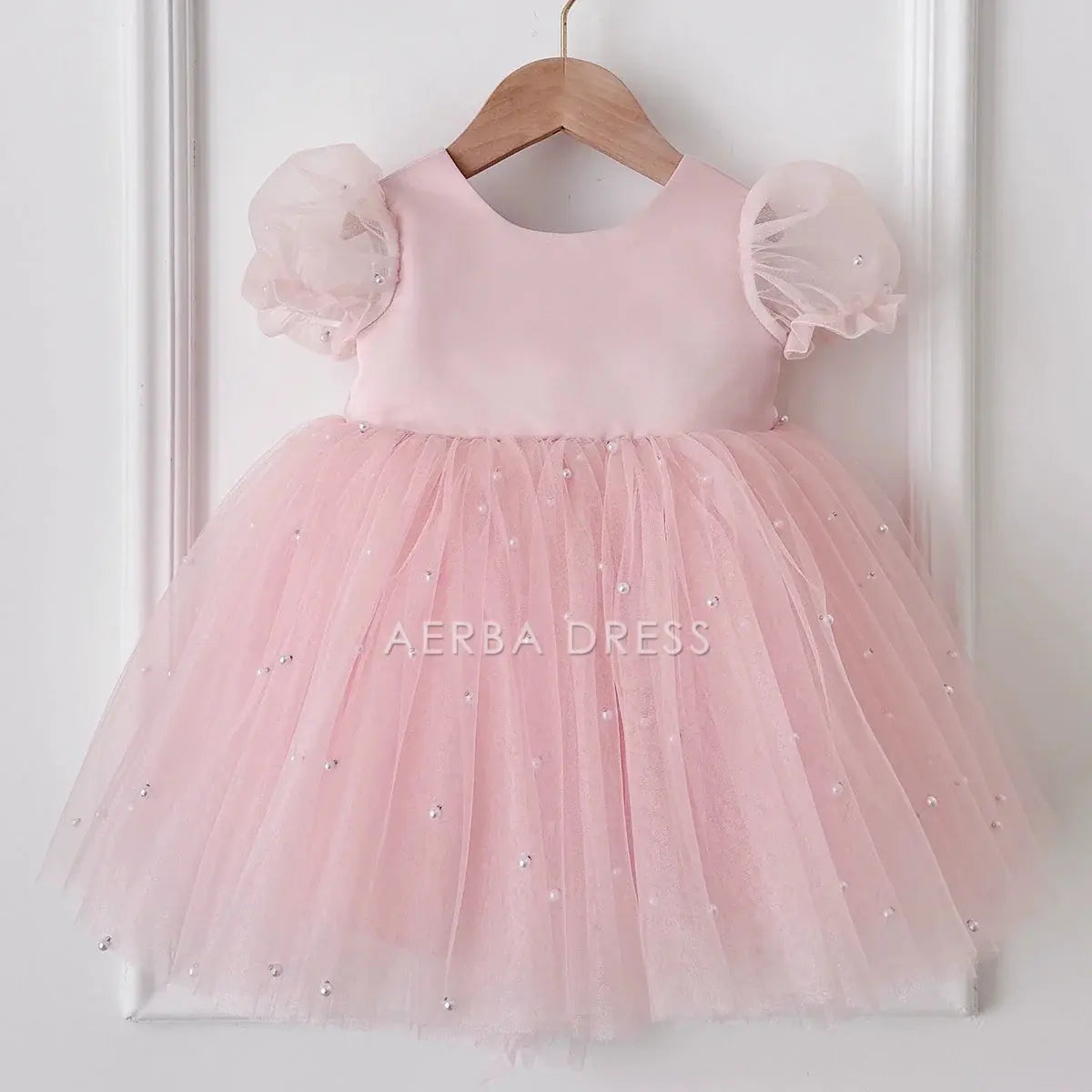 Wedding Flower Girl Dress A Line Round Neck Beadwork Back Bow Baby Girl One-Year-Old Birthday Party Dress Cute Princess Dress