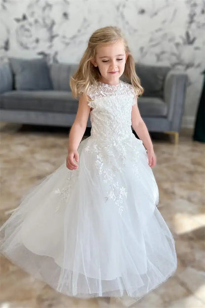 Wedding Flower Girl Dress A Line Round Neck Cap Sleeves Lace Applique Exquisite Long Girl Communion Formal Dress Princess Dress