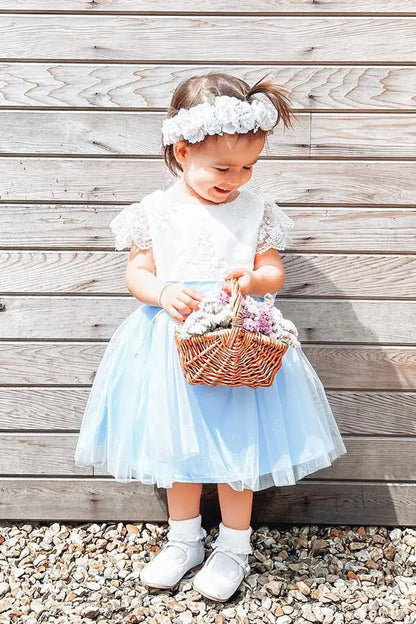 Wedding Flower Girl Dress A Line Round Neck Short Sleeve Lace Knee Length V Back With Bow Cute Girl Communion Formal Dress Princess Dress