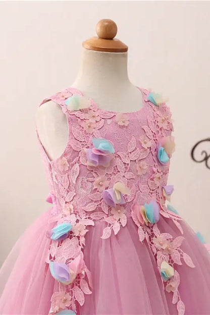 Wedding Flower Girl Dress A Line Round Neck Sleeveless 3D Flowers With Lace Appliques Exquisite Cute Girl Communion Formal Dress Princess Dress