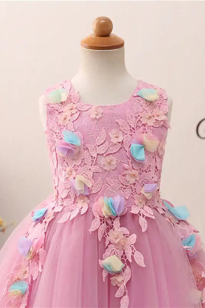 Wedding Flower Girl Dress A Line Round Neck Sleeveless 3D Flowers With Lace Appliques Exquisite Cute Girl Communion Formal Dress Princess Dress