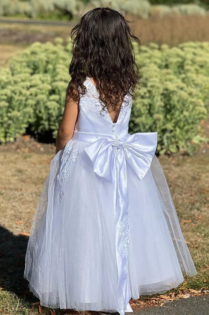 Wedding Flower Girl Dress A Line Round Neck Sleeveless Lace Appliques with Bow Elegant Girl Communion Formal Dress Princess Dress