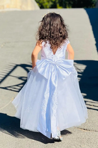 Wedding Flower Girl Dress A Line Round Neck Sleeveless Lace Appliques with Bow Elegant Girl Communion Formal Dress Princess Dress