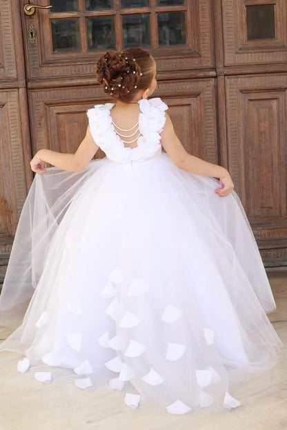 Wedding Flower Girl Dress A Line Round Neck Sleeveless Lace Top Beadwork Floor Length Fashion Girl Dress Girl Communion Formal Dress Princess Dress