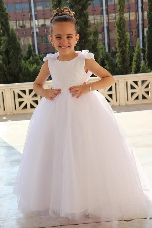 Wedding Flower Girl Dress A Line Round Neck Sleeveless Lace Top Beadwork Floor Length Fashion Girl Dress Girl Communion Formal Dress Princess Dress