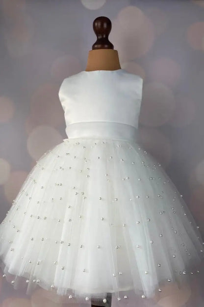 Wedding Flower Girl Dress A Line Round Neck Sleeveless V-Back Bow Beaded Cute Girl Communion Formal Dress Princess Dress