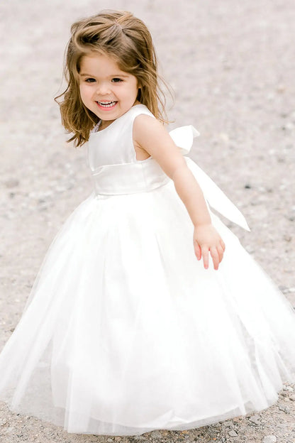 Wedding Flower Girl Dress A Line Round Neck Sleeveless with Bow Cute Toddler Girl Communion Formal Dress Princess Dress