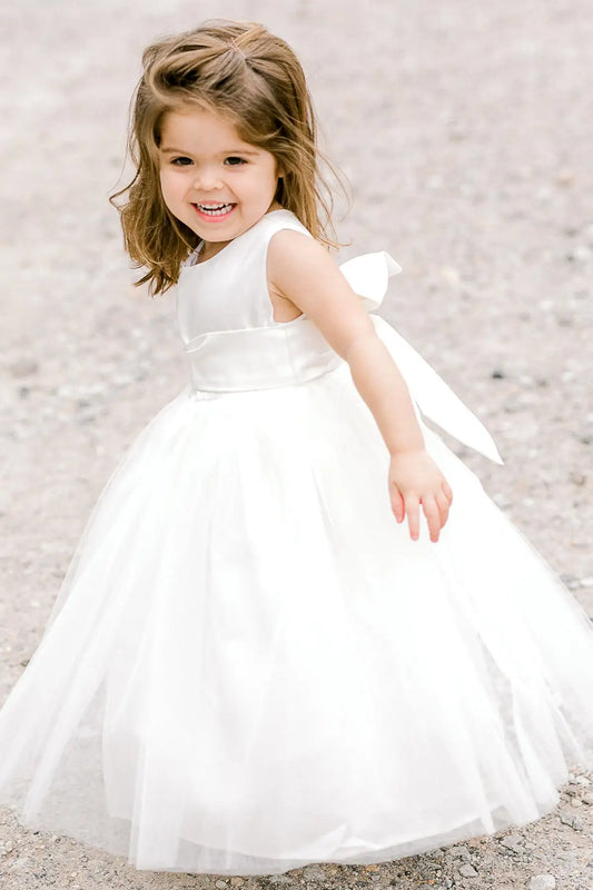 Wedding Flower Girl Dress A Line Round Neck Sleeveless with Bow Cute Toddler Girl Communion Formal Dress Princess Dress