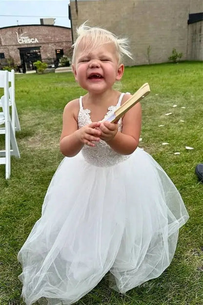 Wedding Flower Girl Dress A Line Spaghetti Strap Lace Applique Tulle Cute Girl Communion Formal Dress Princess Dress