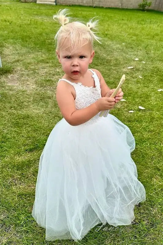 Wedding Flower Girl Dress A Line Spaghetti Strap Lace Applique Tulle Cute Girl Communion Formal Dress Princess Dress