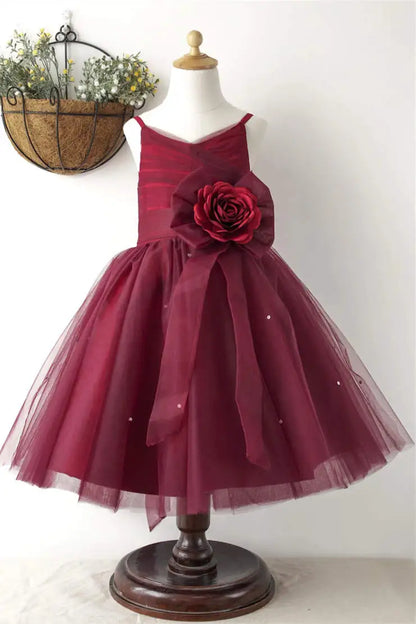 Wedding Flower Girl Dress A Line V-Neck Sleeveless Spaghetti Straps 3d Flower Pleated Elegant Girl Communion Formal Dress Princess Dress