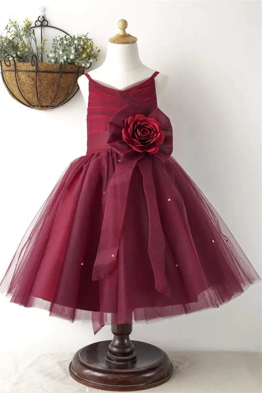 Wedding Flower Girl Dress A Line V-Neck Sleeveless Spaghetti Straps 3d Flower Pleated Elegant Girl Communion Formal Dress Princess Dress