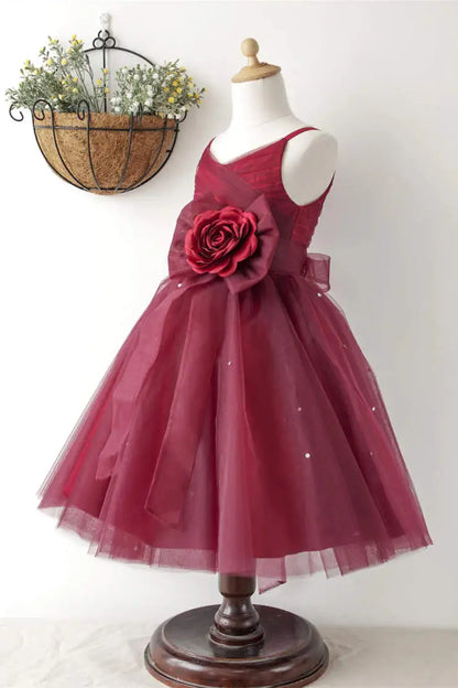 Wedding Flower Girl Dress A Line V-Neck Sleeveless Spaghetti Straps 3d Flower Pleated Elegant Girl Communion Formal Dress Princess Dress