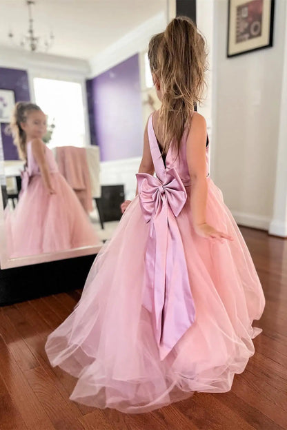 Wedding Flower Girl Dress A Line V-Neck Sleeveless V-Back With Bow Floor Length Cute Elegant Girl Communion Formal Dress Princess Dress