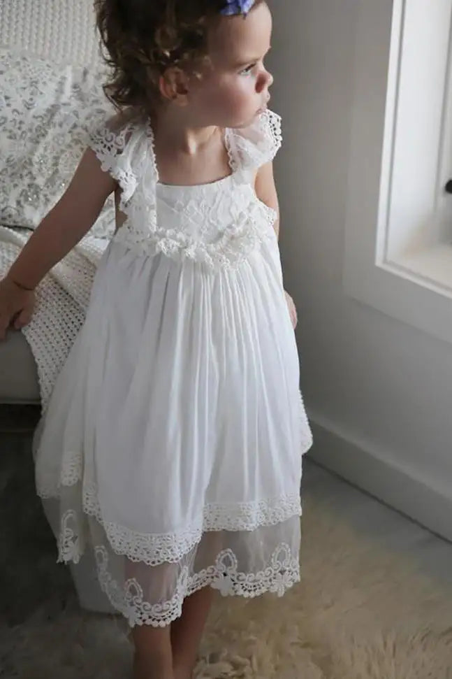 Wedding Flower Girl Dress Adorable Lace Chiffon Long with Criss Back Girl Communion Formal Dress Princess Dress