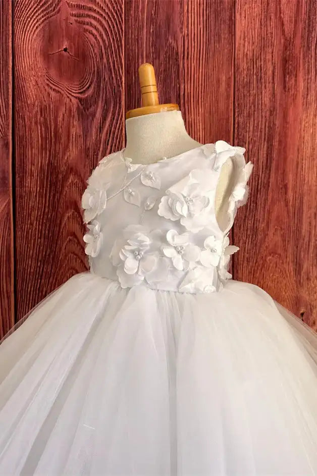Wedding Flower Girl Dress Cute A-Line Round Neck Sleeveless V-Back with 3D Flowers Exquisite Girl Communion Formal Dress Princess Dress
