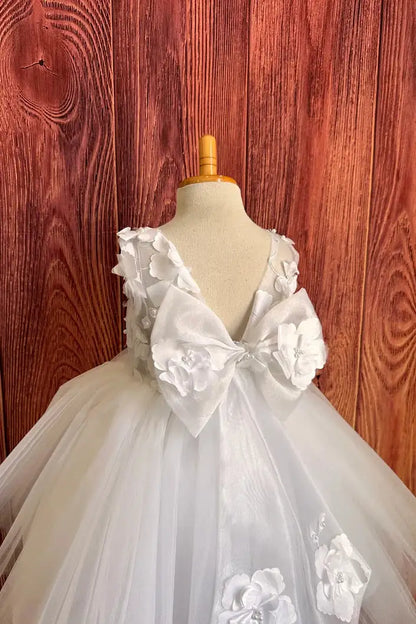 Wedding Flower Girl Dress Cute A-Line Round Neck Sleeveless V-Back with 3D Flowers Exquisite Girl Communion Formal Dress Princess Dress