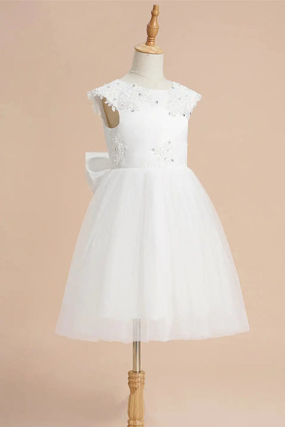 Wedding Flower Girl Dress Elegant A-Line Round Neck Sleeveless V-Back Bow With Appliques Cute Girl Communion Formal Dress Princess Dress
