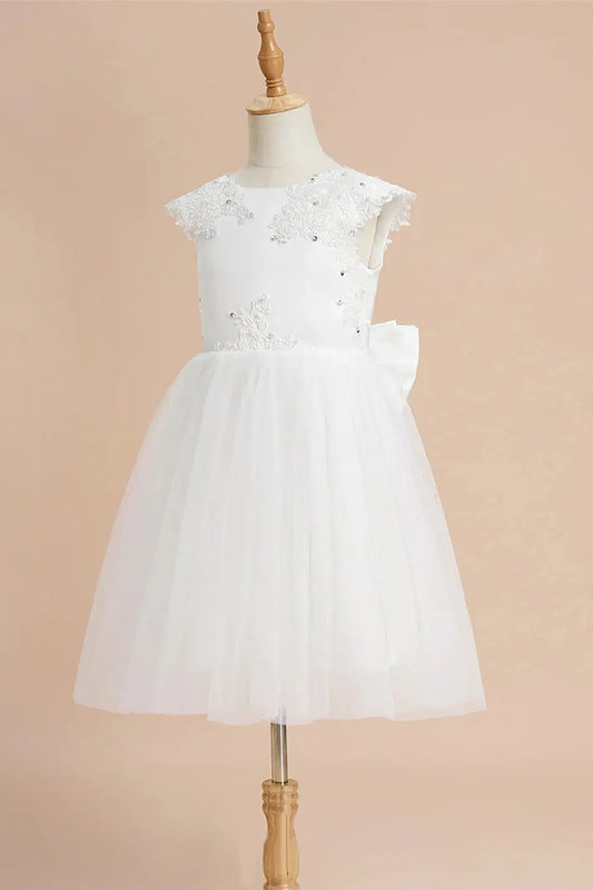 Wedding Flower Girl Dress Elegant A-Line Round Neck Sleeveless V-Back Bow With Appliques Cute Girl Communion Formal Dress Princess Dress