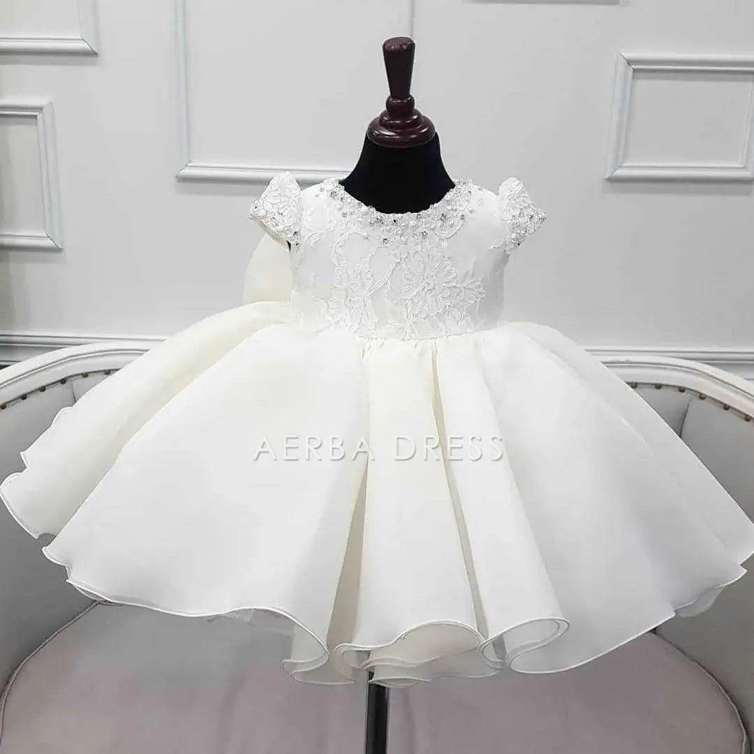 Wedding Flower Girl Dress Elegant A Line Round Neck Cap Sleeve Beadwork Tutu Dress Girl One-Year-Old Birthday Party Dress Cute Girl Princess Dress
