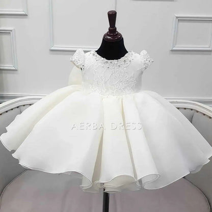 Wedding Flower Girl Dress Elegant A Line Round Neck Cap Sleeve Beadwork Tutu Dress Girl One-Year-Old Birthday Party Dress Cute Girl Princess Dress