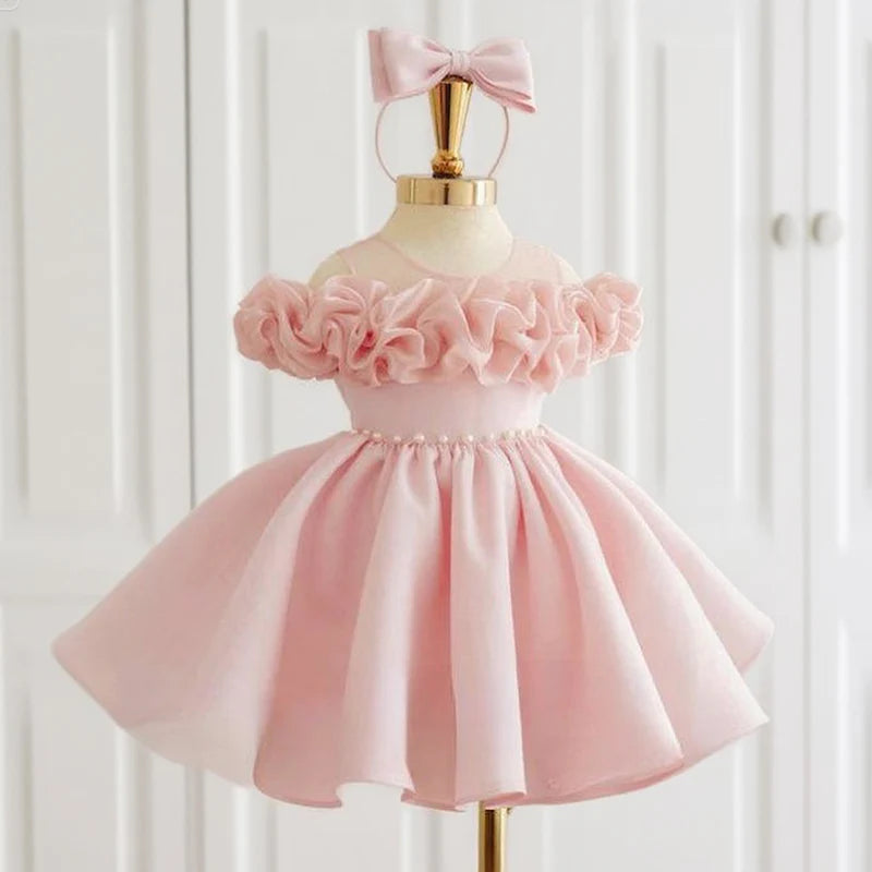 Wedding Flower Girl Dress Elegant A Line Round Neck Ruched Beadwork Bow Girl One-Year-Old Birthday Party Dress Cute Girl Princess Dress