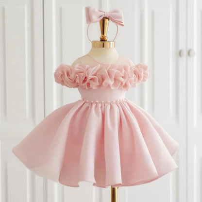 Wedding Flower Girl Dress Elegant A Line Round Neck Ruched Beadwork Bow Girl One-Year-Old Birthday Party Dress Cute Girl Princess Dress