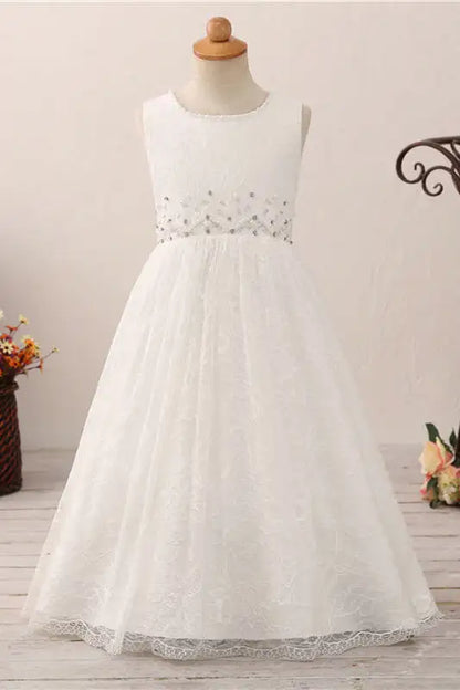 Wedding Flower Girl Dress Elegant A Line Round Neck Sleeveless Beadwork Lace with Bow Adorable Girl Communion Formal Dress Princess Dress