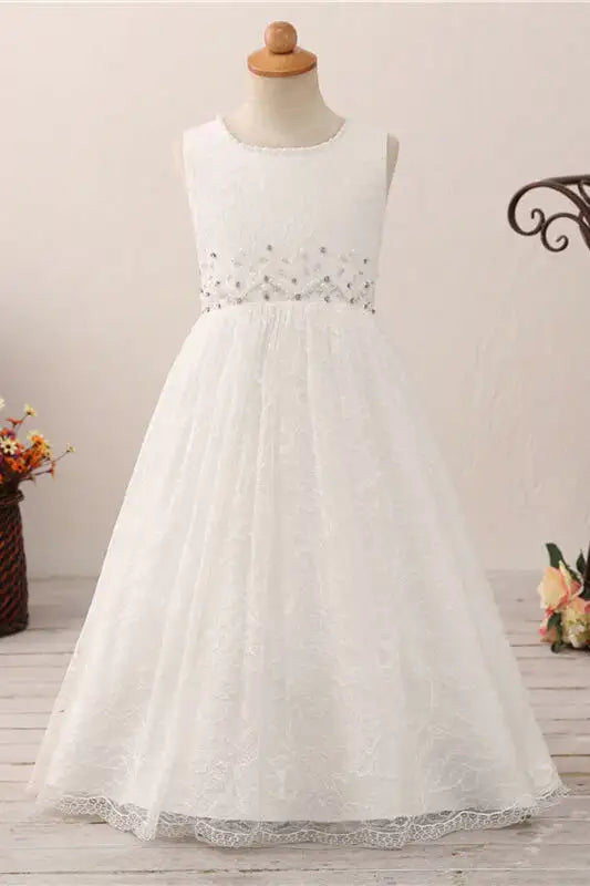 Wedding Flower Girl Dress Elegant A Line Round Neck Sleeveless Beadwork Lace with Bow Adorable Girl Communion Formal Dress Princess Dress