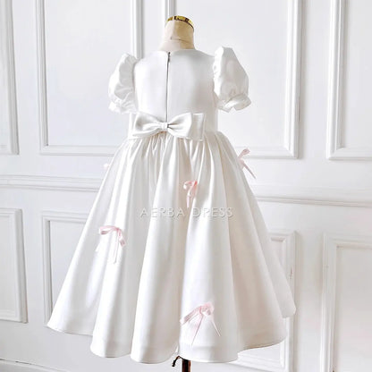 Wedding Flower Girl Dress Elegant A Line Short Sleeve Bow Girl Formal Dress One-Year-Old Birthday Party Dress Cute Girl Princess Dress