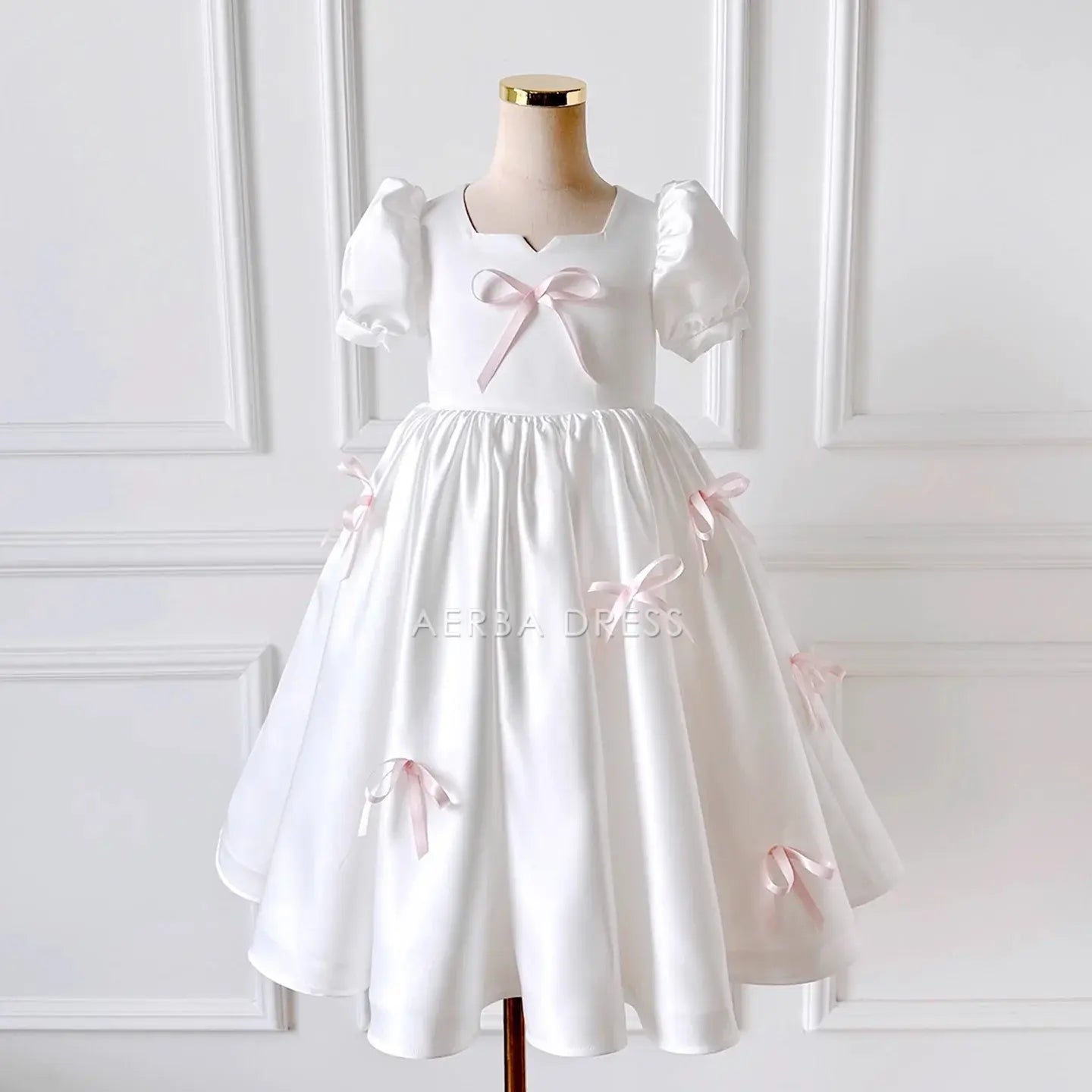 Wedding Flower Girl Dress Elegant A Line Short Sleeve Bow Girl Formal Dress One-Year-Old Birthday Party Dress Cute Girl Princess Dress