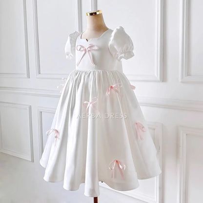 Wedding Flower Girl Dress Elegant A Line Short Sleeve Bow Girl Formal Dress One-Year-Old Birthday Party Dress Cute Girl Princess Dress