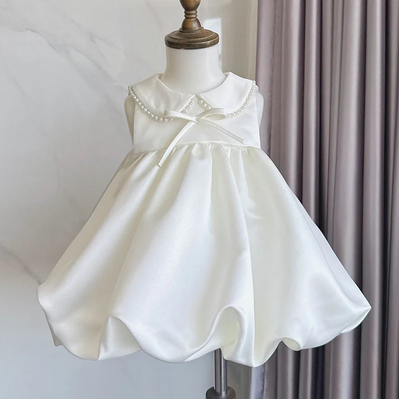 Wedding Flower Girl Dress Elegant A Line Sleeveless Doll Collar Beadwork Bow Girl Formal Dress One-Year-Old Birthday Party Dress Cute Girl Princess Dress