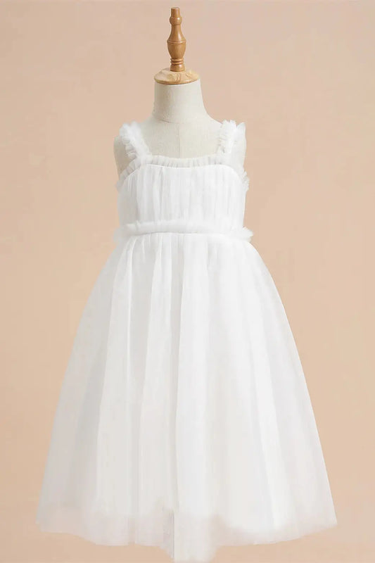 Wedding Flower Girl Dress Elegant A Line Square Neck Ruffles Pleated Cute Girl Communion Formal Dress Princess Dress