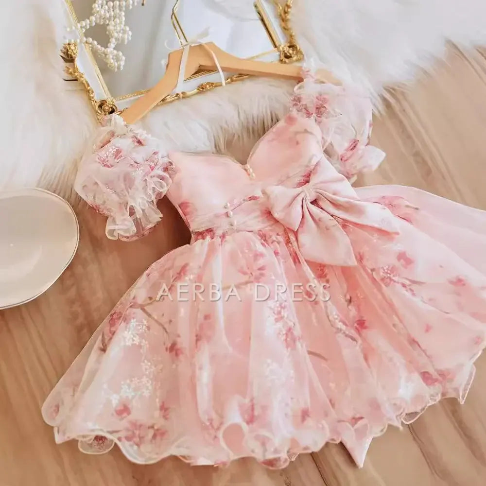 Wedding Flower Girl Dress Elegant A Line Sweetheart Short sleeve Flower Dress Bow Girl Formal Dress One-Year-Old Birthday Party Dress Cute Girl Princess Dress
