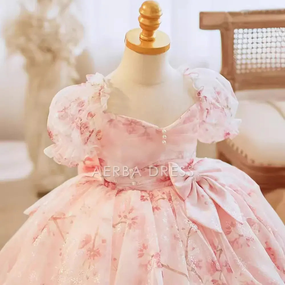 Wedding Flower Girl Dress Elegant A Line Sweetheart Short sleeve Flower Dress Bow Girl Formal Dress One-Year-Old Birthday Party Dress Cute Girl Princess Dress