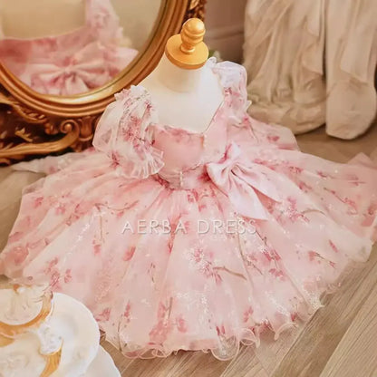 Wedding Flower Girl Dress Elegant A Line Sweetheart Short sleeve Flower Dress Bow Girl Formal Dress One-Year-Old Birthday Party Dress Cute Girl Princess Dress