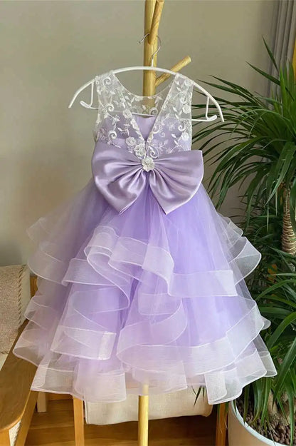 Wedding Flower Girl Dress Elegant A Line Tulle With Lace Top Tiered Ruched V back Bow Exquisite Girl Communion Formal Dress Princess Dress