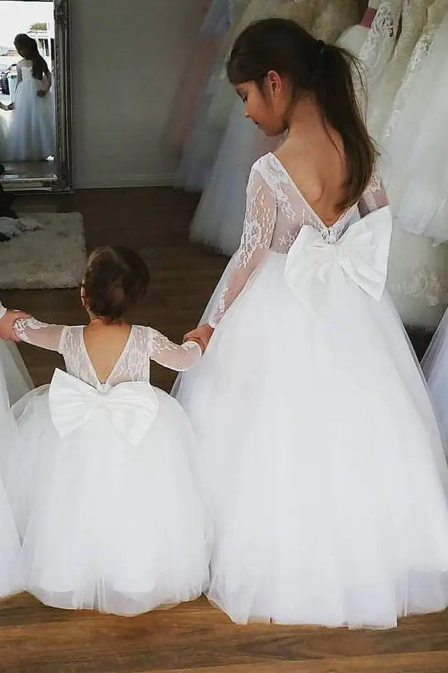 Wedding Flower Girl Dress Elegant Ball Gown Long Sleeves V Back with Bow Girl Communion Formal Dress Princess Dress