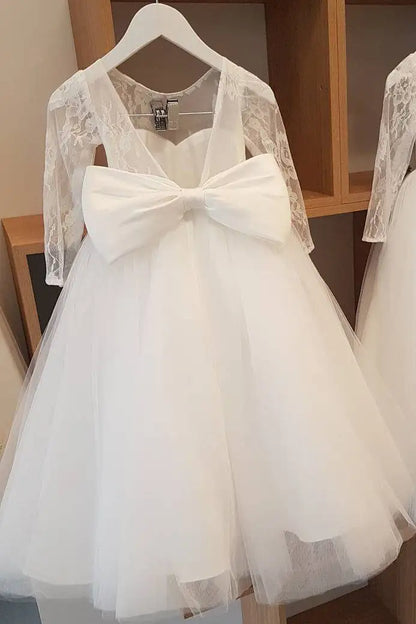 Wedding Flower Girl Dress Elegant Ball Gown Long Sleeves V Back with Bow Girl Communion Formal Dress Princess Dress